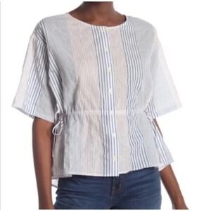 Madewell Top Womens Sz S‎ Blue White Red Stripe Peplum Preppy Cotton Drawstring